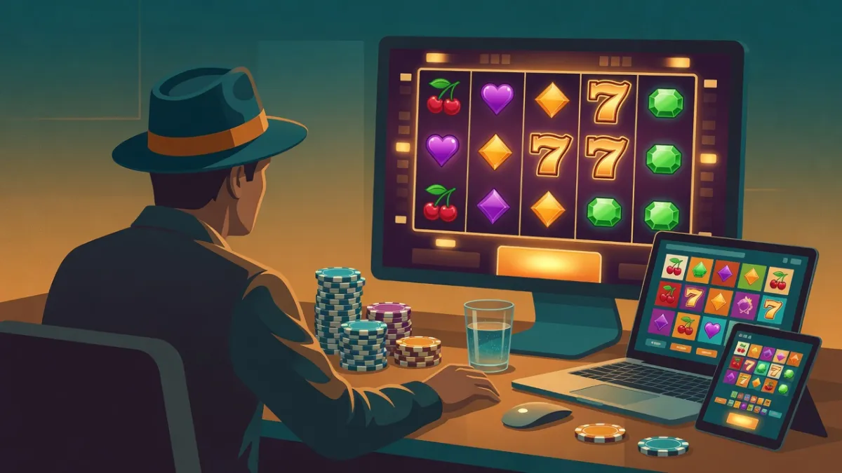 Man in a fedora playing slots on a desktop monitor, with poker chips, a laptop and a tablet on the desk